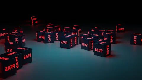 On surface cubes with a PFAS word on it. 3D rendered illustration 스톡 일러스트