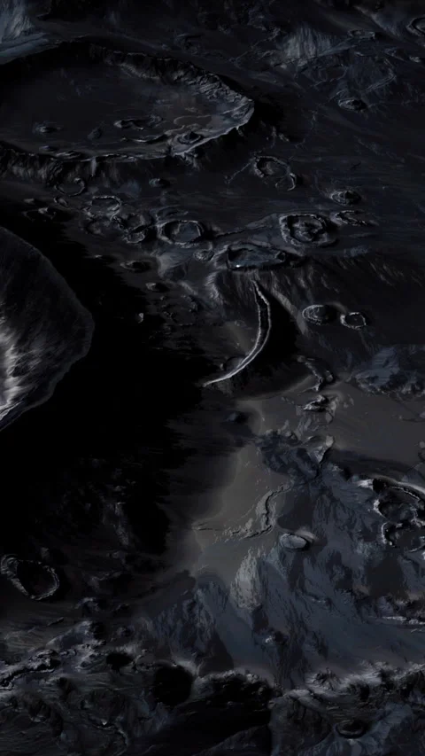 Surface of a dark planet showing various craters and geological features Stock Footage 344959917
