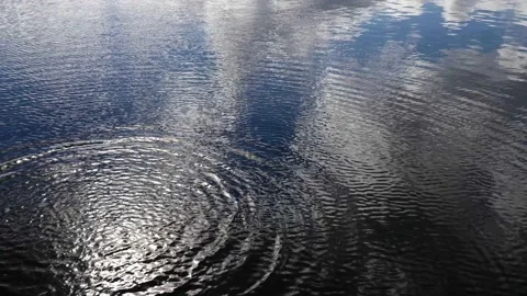 The surface of a freshwater reservoir with a reflection of the cloudy sky on the Stock Footage 229082215