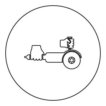 Surface grinder in hand tool in use Arm Electric circular saw angle with disc Stock Illustration