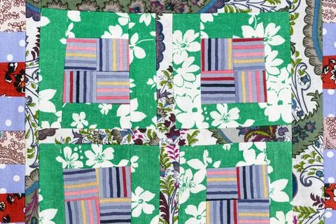 Surface of handcrafted patchwork quilt close-up Fotos de archivo