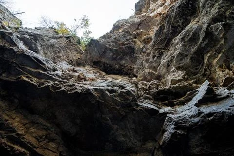 The surface of a large rocky cave, sharp protrusions and the texture of natural Stock Photos