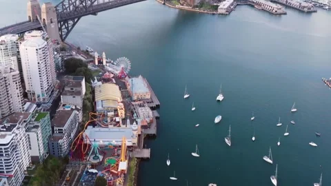 Surface of Lavender bay to city of Sydney cityscape in aerial sunrise 4k. Stock Footage 248646868