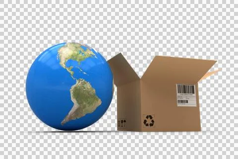 Surface level of 3D globe with open cardboard box Stock Photos
