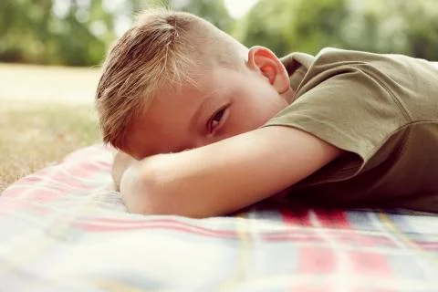 Surface level view of boy lying on picnic blanket, face obscured looking at Stock Photos