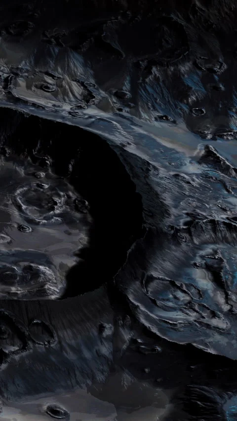 Surface of a moon shows craters and ridges in dark colors Stock Footage 344958251