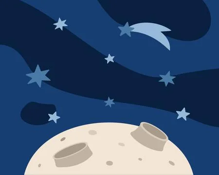 Surface of Moon, stars in space. Dark Galaxy with meteorite, Earth satellite Stock Illustration