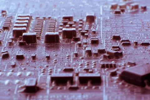 Surface-mount dusty smd components on used electronic circuit board. Stock Photos