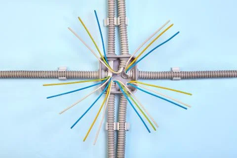 Surface mounted wiring on electrical junction box. Fotos de archivo