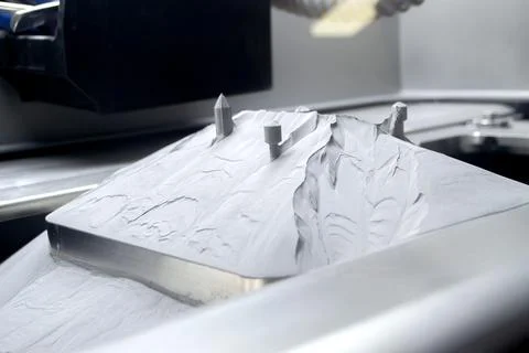 Surface with printed objects on metal 3D printer, covered metal powder Stock Photos