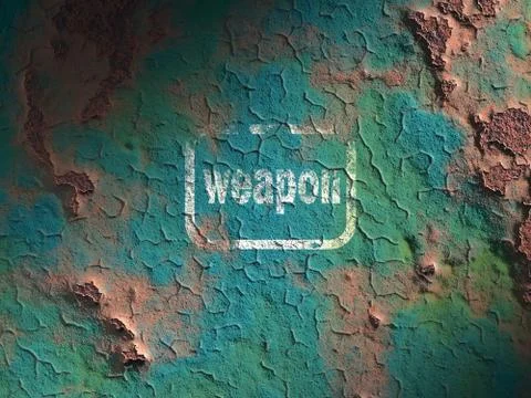 Surface of rusty iron with peeling paint. inscription "WEAPON" 3d render. Stock Photos