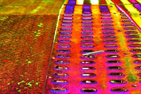 The surface of a rusty steel plate with rows of holes. Steel macro backgrou.. Stock Photos