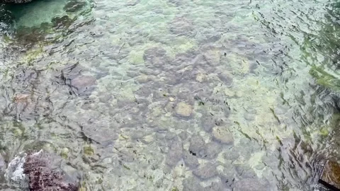 The surface of the sea has clear waves and you can see underwater rocks. Stock Footage 250932204