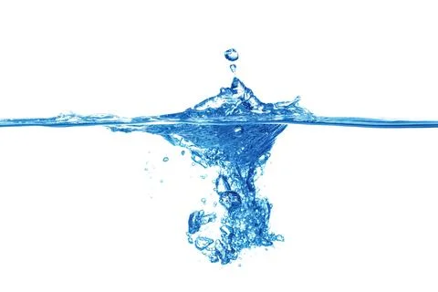 The surface of the water splashes blue, the side view is set on a white backg Stock Photos
