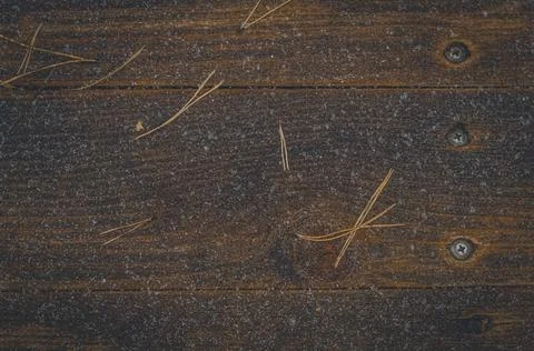 The surface of the wooden table is covered with the first snow and coniferous Stock Photos
