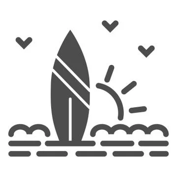 Surfboard and beach with sunset solid icon, Summer concept, surf sign on white Stock Illustration