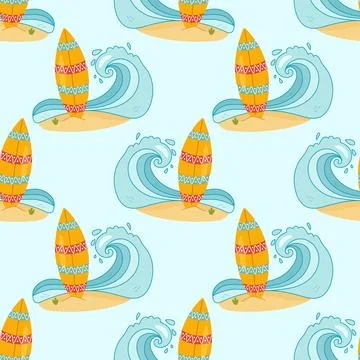 Surfboard and wave seamless pattern for summer themes Illustrazione stock