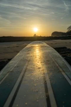 Surfboard on the beach during sunset. Foto stock