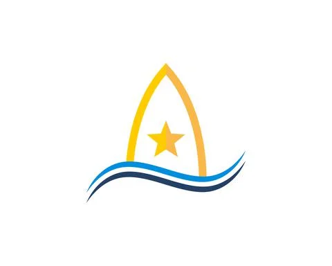 Surfboard on the blue waves logo Stock Illustration