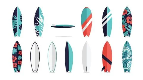 Surfboard designs collection with diverse patterns and shapes for surfing s.. Stock Illustration
