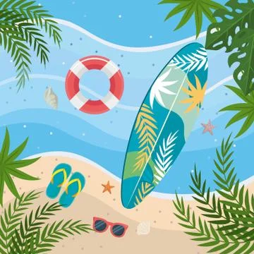 Surfboard with float and flip-flop with sunglasses in the beach sand Illustrazione stock