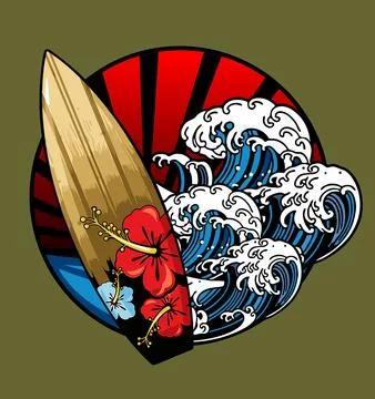 Surfboard floral pattern with waves Stock Illustration