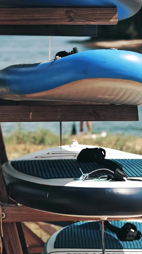 Surfboard. glanders. close-up. shelf with glanders, showcase with surfboards. Stock-Footage 319481095