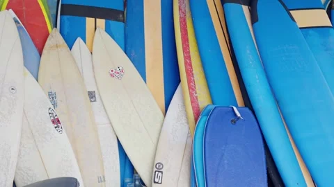 Surfboard pattern in azure blue shades along the wall. Slow motion. 4K Video stock 245089294