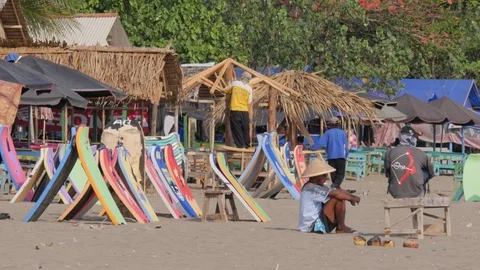 Surfboard rentals on beach in Pangandaran Java Indonesia Stock Footage 82081522