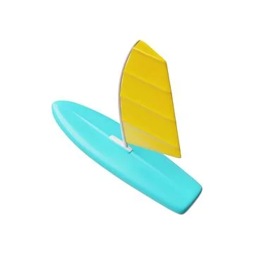 Surfboard with sail 3D cartoon vector icon, realistic windsurfing blue board for Stock Illustration