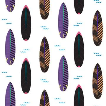 Surfboard seamless vector pattern. Black and purple striped boards on white Stock Illustration