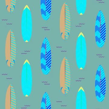 Surfboard seamless vector pattern. Blue and cyan striped boards on white Stock Illustration