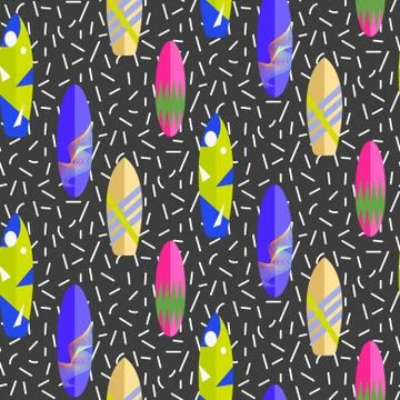 Surfboard seamless vector pattern. Colorful boards in memphis 80s style イラスト素材