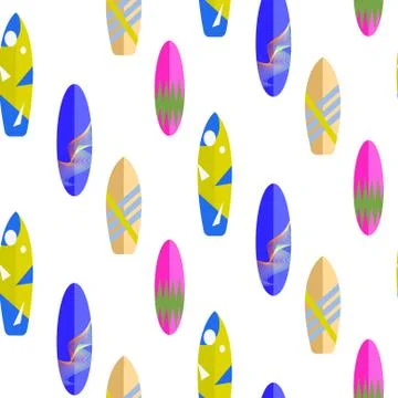 Surfboard seamless vector pattern. Multicolor boards on white Stock Illustration