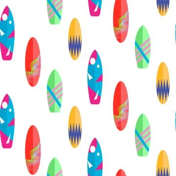 Surfboard seamless vector pattern. Multicolor boards on white Stock Illustration