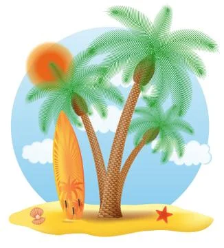 Surfboard standing under a palm tree illustration Stock Illustration