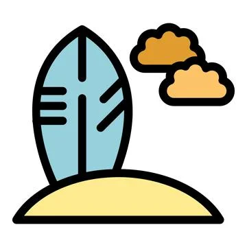 Surfboard standing upright on the beach under clouds Stock Illustration