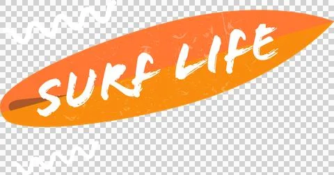 Surfboard vector is showing orange gradient white Surf Life text and waves, Illustrazione stock