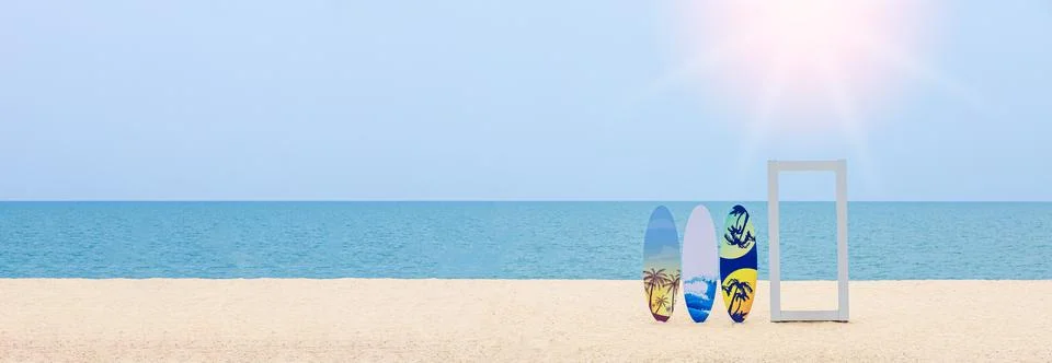 Surfboard Window frames on the beach, clear weather, clear skies, in summer.. Stock Photos