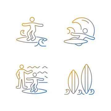 Surfboarding gradient linear vector icons set Stock Illustration