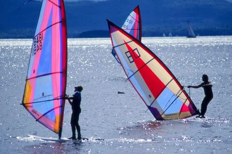 Surfboarding Lake Champlain, VT. Stock Photos