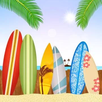Surfboards on beach Stock Illustration