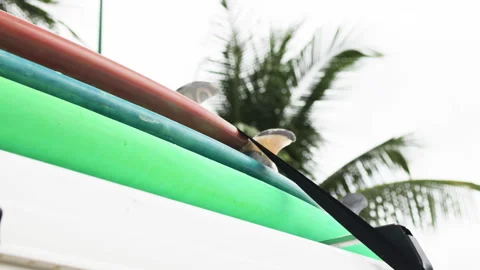Surfboards on a car top. Stock Footage 295610070