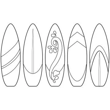 Surfboards collection. Vector black and white coloring page Stock Illustration
