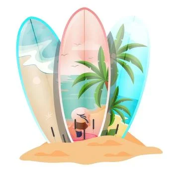 Surfboards leaning against a palm tree on sandy beach Stock Illustration