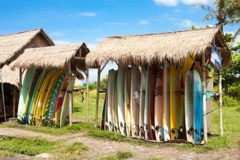 Surfboards in rack Stock Photos