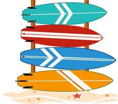 Surfboards on a rack on sandy beach vector illustration Stock Illustration