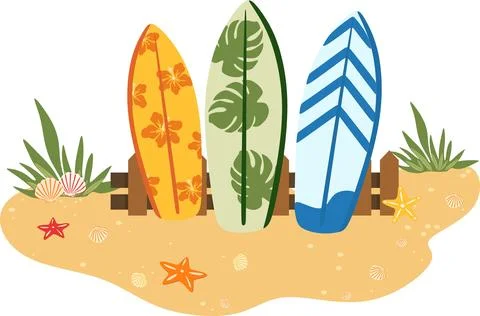 Surfboards on sandy beach summer vector illustration Stock Illustration
