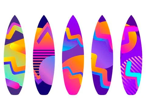 Surfboards on a white background. Types of surfboards with a pattern. Vector  Stock Illustration
