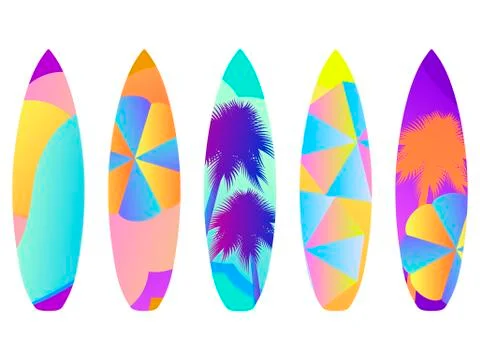 Surfboards on a white background. Types of surfboards with a pattern. Vector  Illustrazione stock